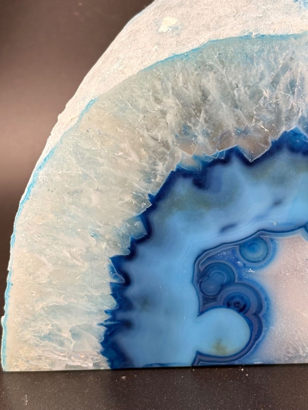 Blue Agate Geode Bookend Polished Front & Side, Natural Stone Back - Brazil